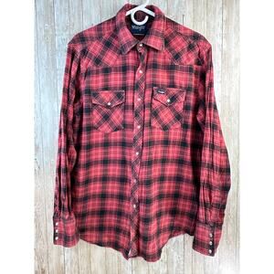 Wrangler Western Button Shirt‎ Mens XL Red Black Plaid Pearl Snap Cowboy Rodeo